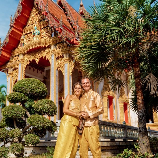 Traditional Thai Buddhist wedding ceremony in Phuket temple with monks