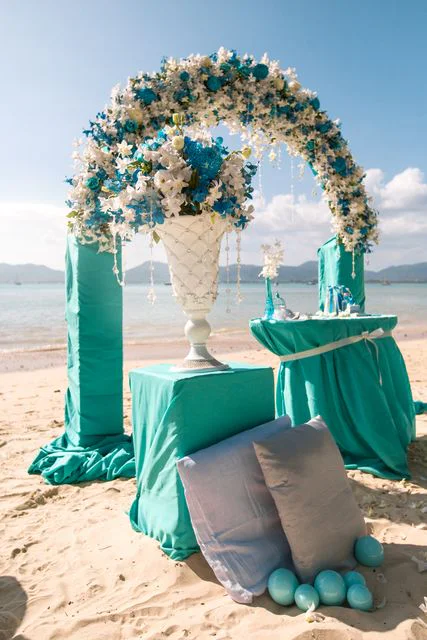 Turquoise classic floral wedding arch, Phuket — photo 2