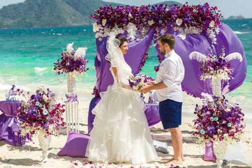 Purple geometric bamboo wedding arch, Margarita and Oleg, Phuket — photo 12