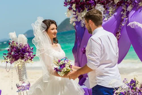 Purple geometric bamboo wedding arch, Margarita and Oleg, Phuket — photo 16