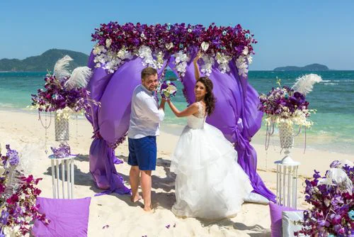 Purple geometric bamboo wedding arch, Margarita and Oleg, Phuket — photo 30