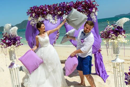 Purple geometric bamboo wedding arch, Margarita and Oleg, Phuket — photo 35