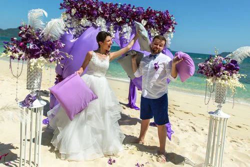 Purple geometric bamboo wedding arch, Margarita and Oleg, Phuket — photo 43