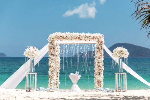White and pink geometric bamboo wedding arch, Mihail and Tatyana, Phuket — photo 1