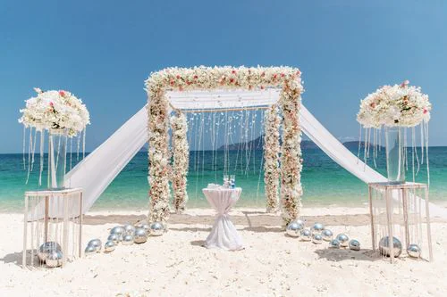 White and pink geometric bamboo wedding arch, Mihail and Tatyana, Phuket — photo 2