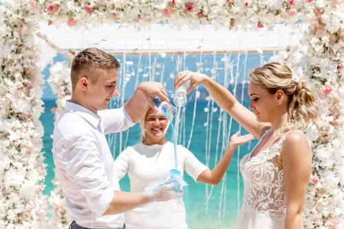 White and pink geometric bamboo wedding arch, Mihail and Tatyana, Phuket — photo 11