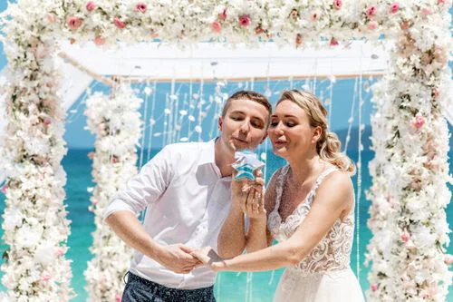 White and pink geometric bamboo wedding arch, Mihail and Tatyana, Phuket — photo 12