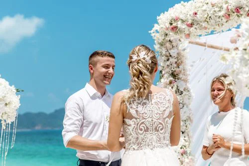 White and pink geometric bamboo wedding arch, Mihail and Tatyana, Phuket — photo 13