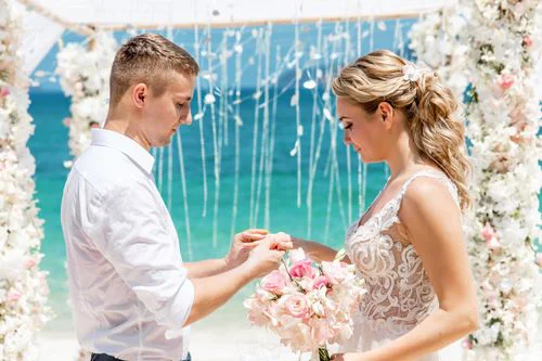White and pink geometric bamboo wedding arch, Mihail and Tatyana, Phuket — photo 14