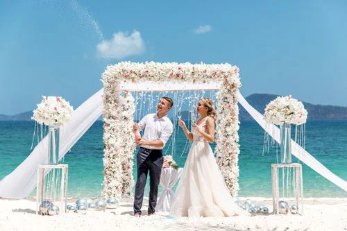 White and pink geometric bamboo wedding arch, Mihail and Tatyana, Phuket — photo 19