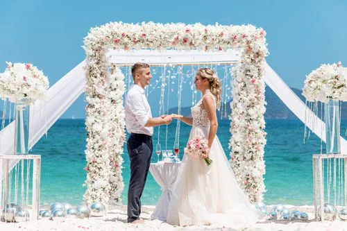 White and pink geometric bamboo wedding arch, Mihail and Tatyana, Phuket — photo 23