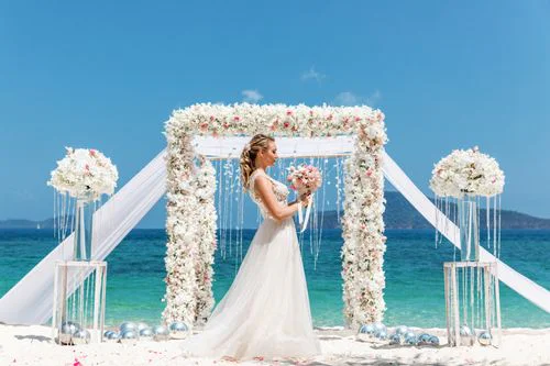 White and pink geometric bamboo wedding arch, Mihail and Tatyana, Phuket — photo 24