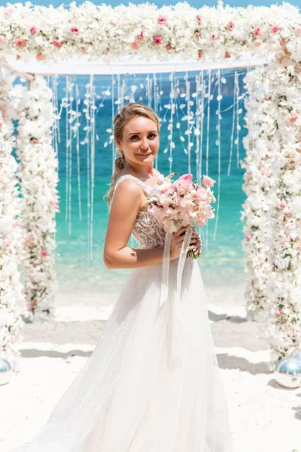 White and pink geometric bamboo wedding arch, Mihail and Tatyana, Phuket — photo 25