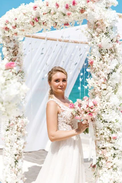 White and pink geometric bamboo wedding arch, Mihail and Tatyana, Phuket — photo 27