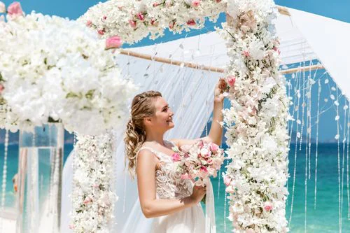 White and pink geometric bamboo wedding arch, Mihail and Tatyana, Phuket — photo 28