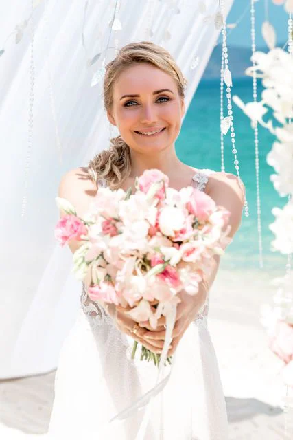 White and pink geometric bamboo wedding arch, Mihail and Tatyana, Phuket — photo 29