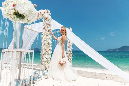 White and pink geometric bamboo wedding arch, Mihail and Tatyana, Phuket — photo 30