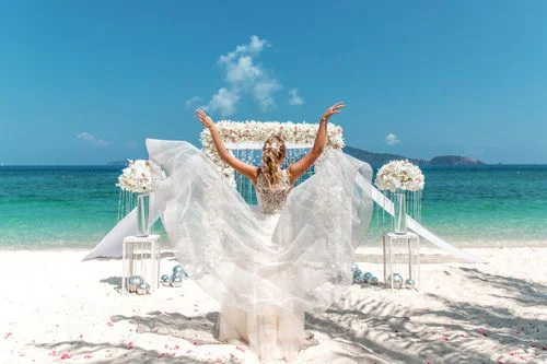 White and pink geometric bamboo wedding arch, Mihail and Tatyana, Phuket — photo 34