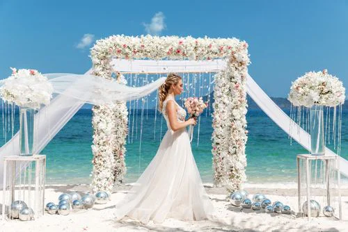 White and pink geometric bamboo wedding arch, Mihail and Tatyana, Phuket — photo 36