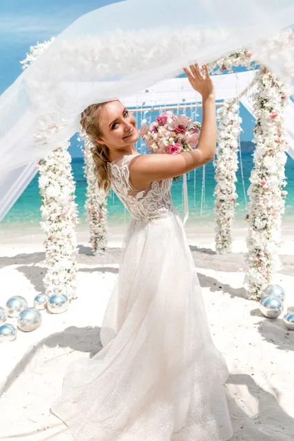 White and pink geometric bamboo wedding arch, Mihail and Tatyana, Phuket — photo 37