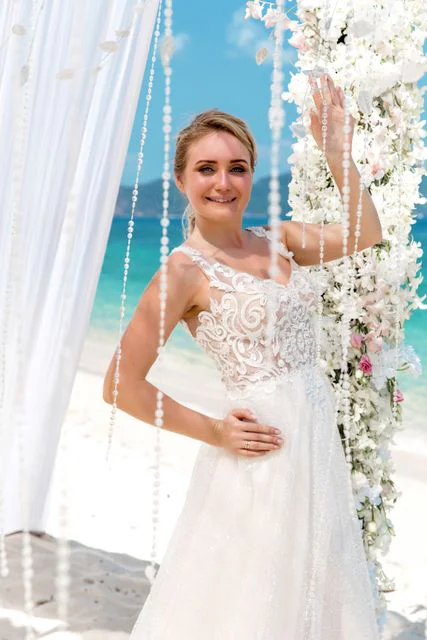 White and pink geometric bamboo wedding arch, Mihail and Tatyana, Phuket — photo 38