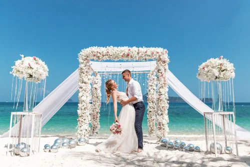 White and pink geometric bamboo wedding arch, Mihail and Tatyana, Phuket — photo 42