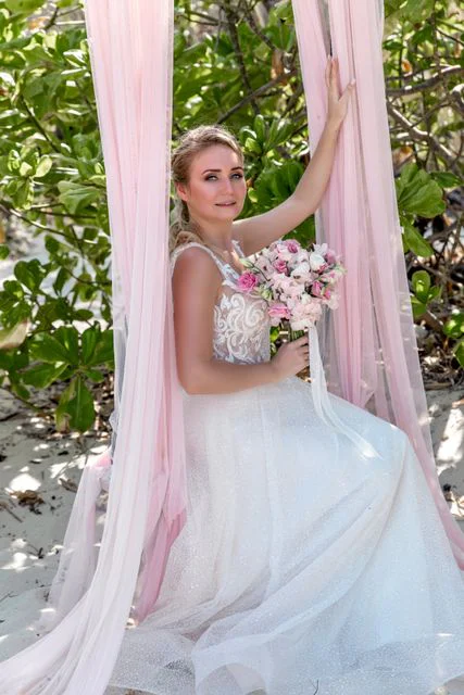White and pink geometric bamboo wedding arch, Mihail and Tatyana, Phuket — photo 43