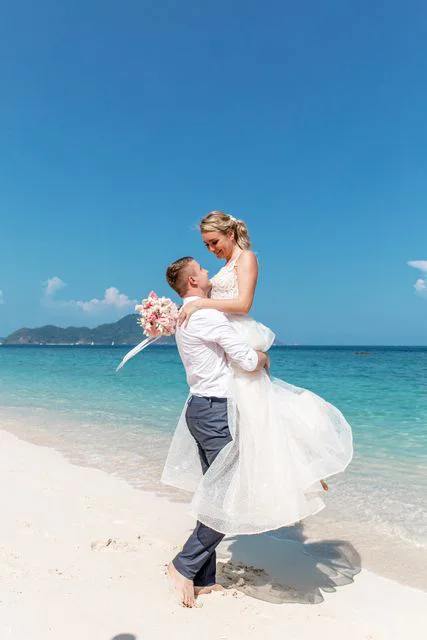 White and pink geometric bamboo wedding arch, Mihail and Tatyana, Phuket — photo 46