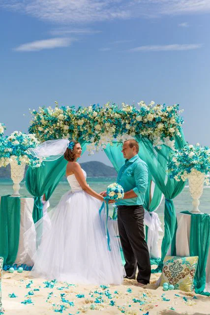 Turquoise geometric bamboo wedding arch, Natasha and Sergei, Phuket — photo 7