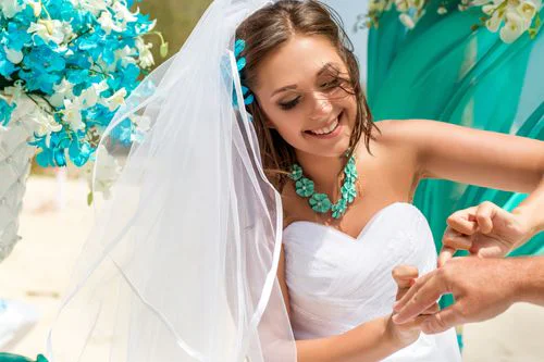 Turquoise geometric bamboo wedding arch, Natasha and Sergei, Phuket — photo 11