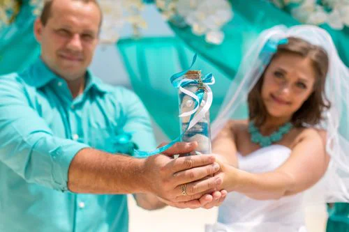 Turquoise geometric bamboo wedding arch, Natasha and Sergei, Phuket — photo 15
