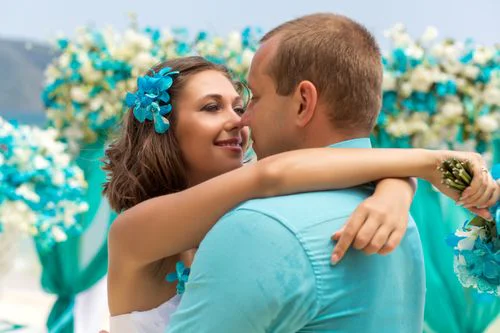 Turquoise geometric bamboo wedding arch, Natasha and Sergei, Phuket — photo 26