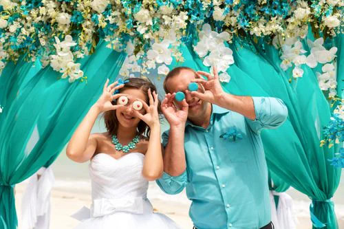 Turquoise geometric bamboo wedding arch, Natasha and Sergei, Phuket — photo 28
