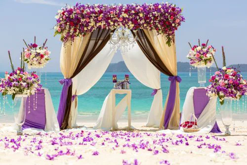 Purple geometric bamboo wedding arch, Dasha and Pako, Phuket — photo 1