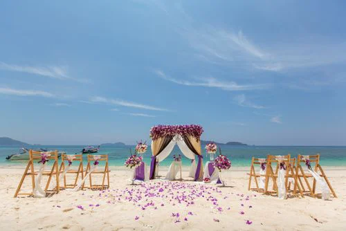 Purple geometric bamboo wedding arch, Dasha and Pako, Phuket — photo 2