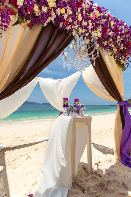 Purple geometric bamboo wedding arch, Dasha and Pako, Phuket — photo 3