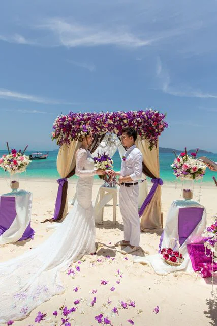 Purple geometric bamboo wedding arch, Dasha and Pako, Phuket — photo 7