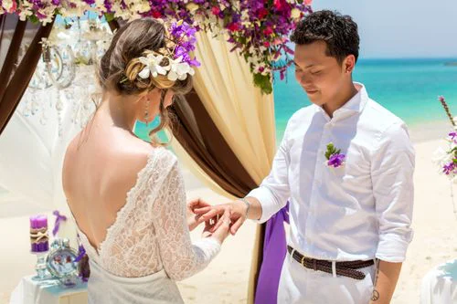 Purple geometric bamboo wedding arch, Dasha and Pako, Phuket — photo 11