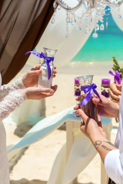 Purple geometric bamboo wedding arch, Dasha and Pako, Phuket — photo 13
