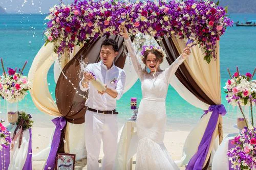 Purple geometric bamboo wedding arch, Dasha and Pako, Phuket — photo 17