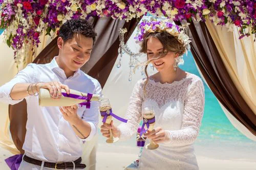 Purple geometric bamboo wedding arch, Dasha and Pako, Phuket — photo 18