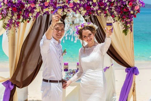 Purple geometric bamboo wedding arch, Dasha and Pako, Phuket — photo 20