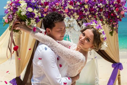 Purple geometric bamboo wedding arch, Dasha and Pako, Phuket — photo 23