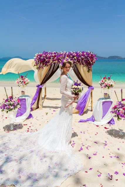 Purple geometric bamboo wedding arch, Dasha and Pako, Phuket — photo 24