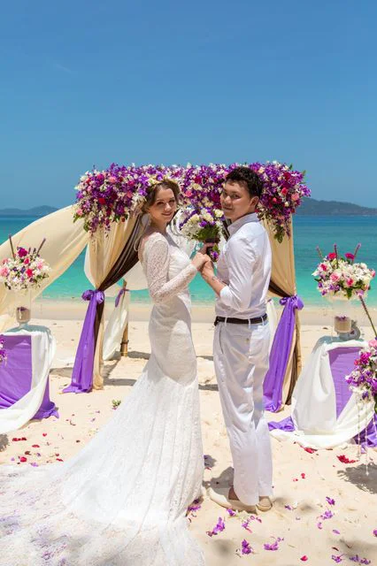 Purple geometric bamboo wedding arch, Dasha and Pako, Phuket — photo 25