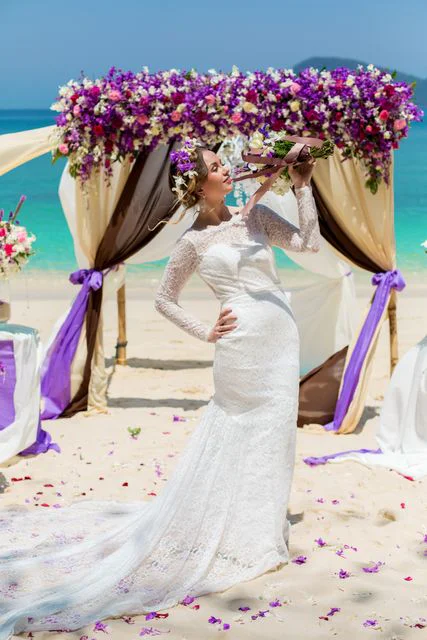 Purple geometric bamboo wedding arch, Dasha and Pako, Phuket — photo 29