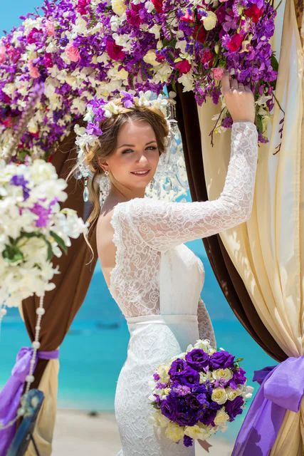 Purple geometric bamboo wedding arch, Dasha and Pako, Phuket — photo 31