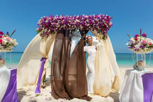 Purple geometric bamboo wedding arch, Dasha and Pako, Phuket — photo 39