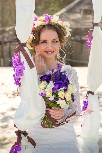 Purple geometric bamboo wedding arch, Dasha and Pako, Phuket — photo 42