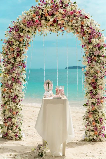 Pink classic floral wedding arch, Ulyana and Andrei, Phuket — photo 2